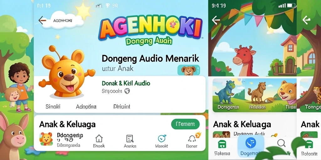 Antarmuka aplikasi AGENHOKI dengan berbagai pilihan cerita audio.